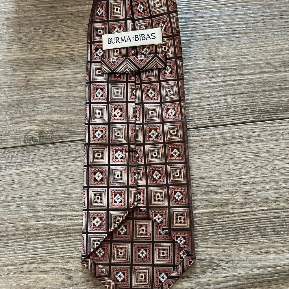 Burma Bibas Geometric Silk Necktie Brown‎ Square Pattern One Size